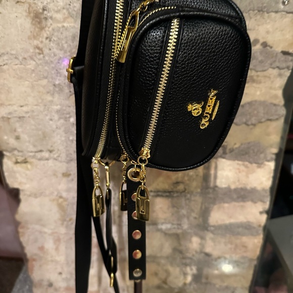 Black Pebbled Leather Zip Pouch with Gold Zippers - Picture 4 of 7